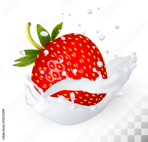 Red strawberry in a milk splash on a transparent background. Vec