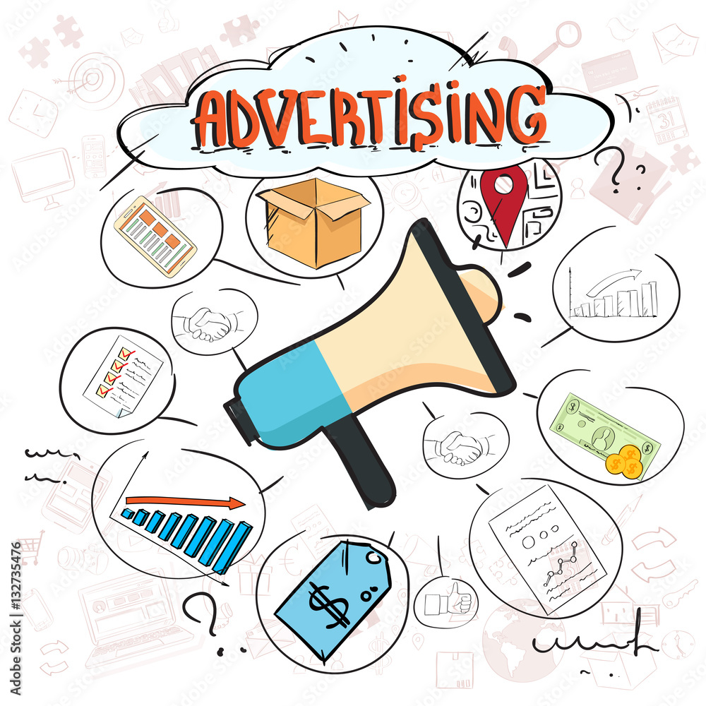 Plakat Advertising Digital Marketing Promotion Doodle Hand Draw Sketch Background Vector Illustration