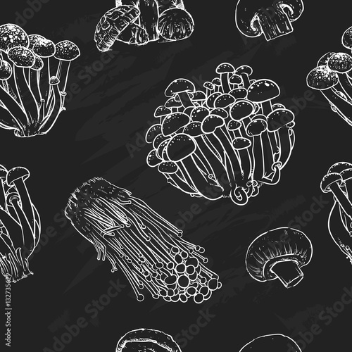 Mushrooms pattern including seamless on a black background. Mush