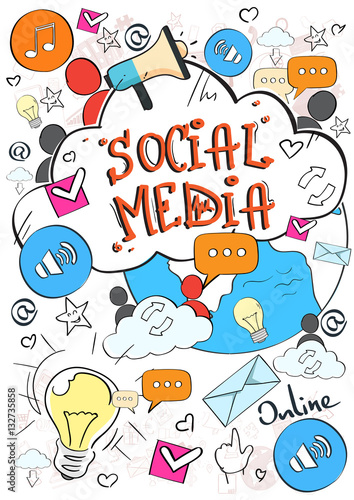 Social Media Communication Concept Internet Network Connection People Doodle Hand Draw Sketch Background Vector Illustration