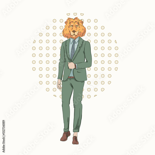 Cartoon Lion Hipster Wear Fashion Suit Retro Abstract Background Vector Illustration
