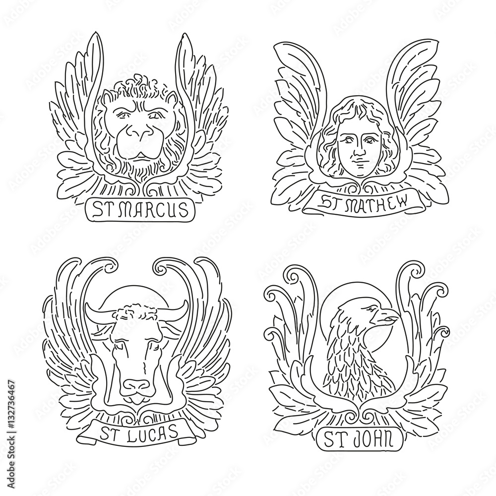 Four evangelists line symbols: angel, lion, bull and eagle. Matthew, Mark, Luke, John.