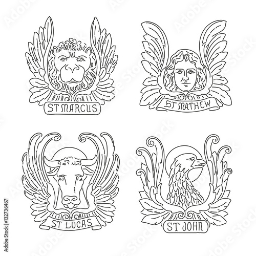 Fotografiet Four evangelists line symbols: angel, lion, bull and eagle