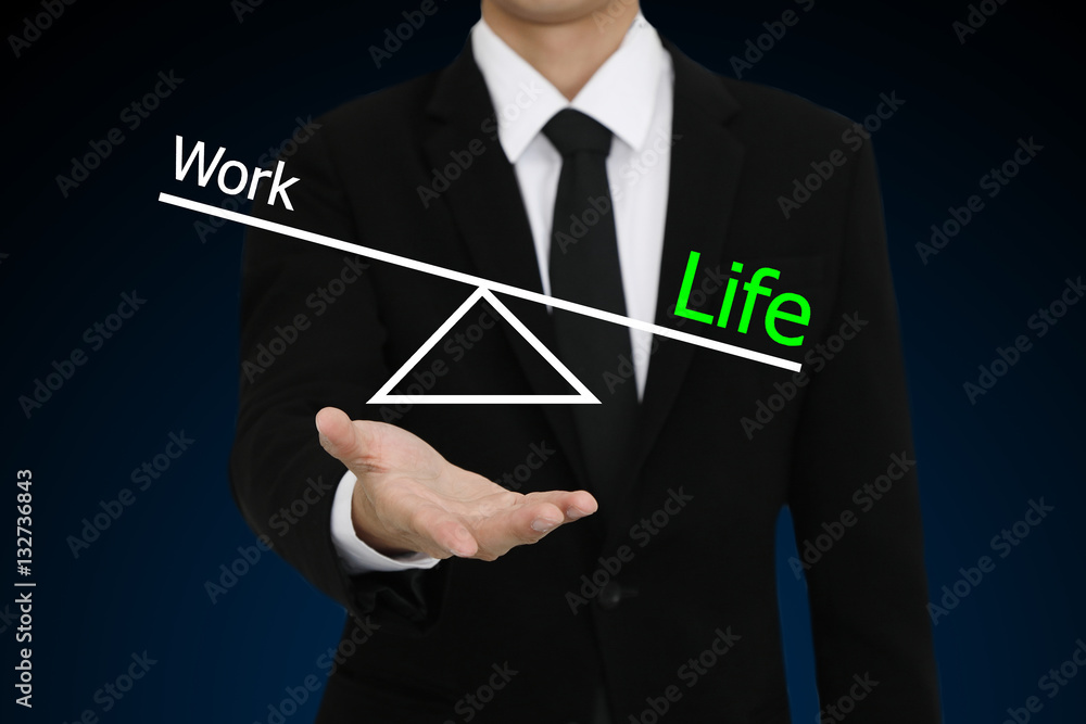 Businessman with open hand gesture presenting work life balance Businessman with open hand gesture presenting work life balance