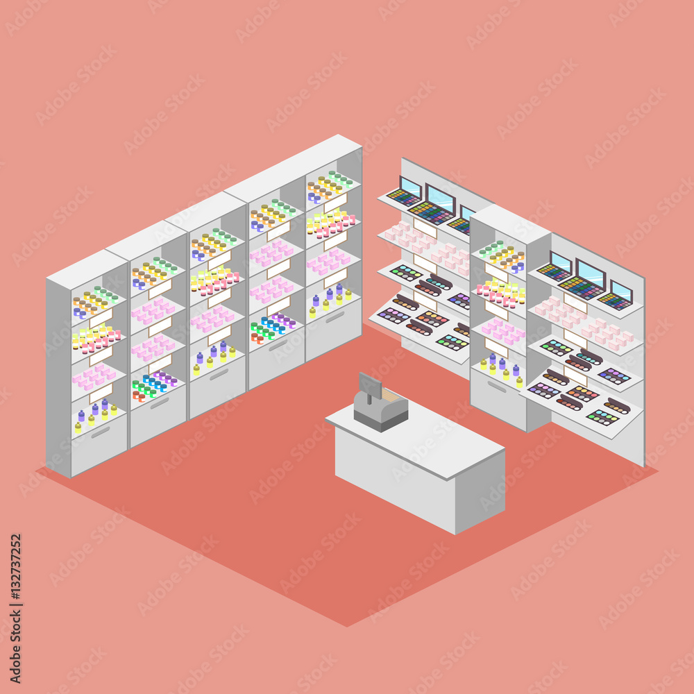 Isometric design interior of cosmetics shop vector Isometric design interior of cosmetics shop vector