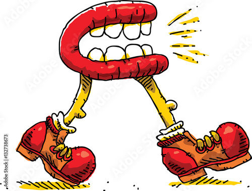 A cartoon of a mouth with legs walking and talking.
