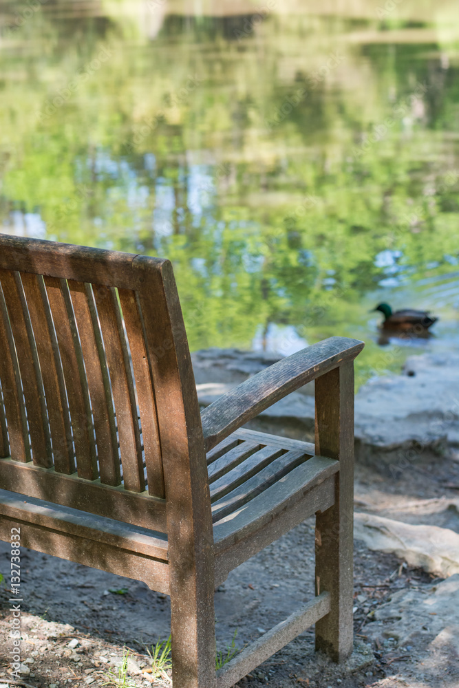 Sit with serenity. Peaceful place to rest overlooking water. Ducks.