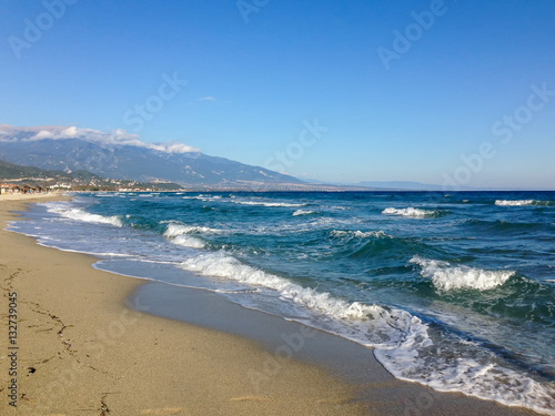 View on Mediterranean Sea with long beach. Nei Pori village  Pieria  Greece.  