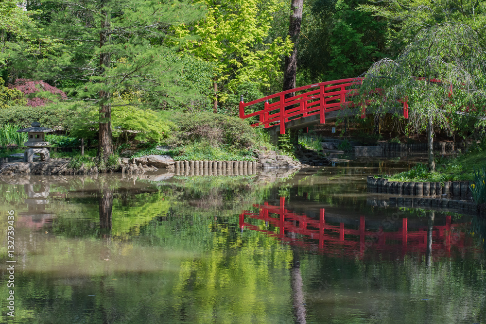 Beautiful Japanese garden with red arched bridge over reflective water. Sarah P. Duke.