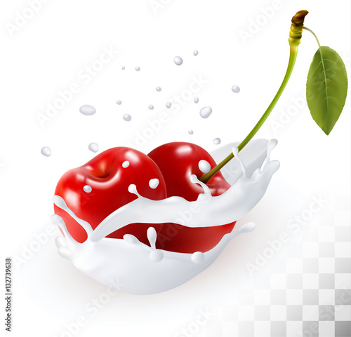 Couple of cherries in a milk splash on a transparent background.