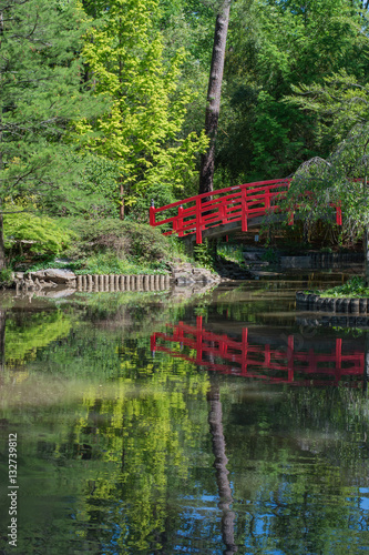 Obraz na płótnie Duke Garden's Japanese garden. Red bridge over water. Tranquility and peace. Calm. w salonie