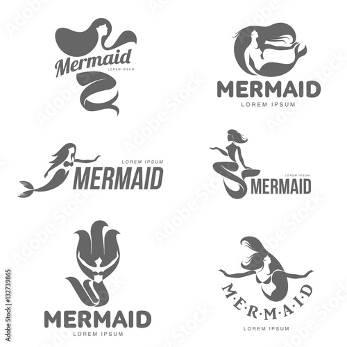 Set of stylized black and white graphic mermaid logo templates, vector illustration isolated on white background. Black and white swimming, sitting, stylized mermaid logotype, logo design