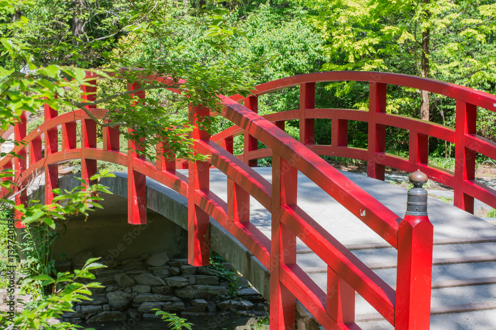 Red bridge over water in a Japanese garden.