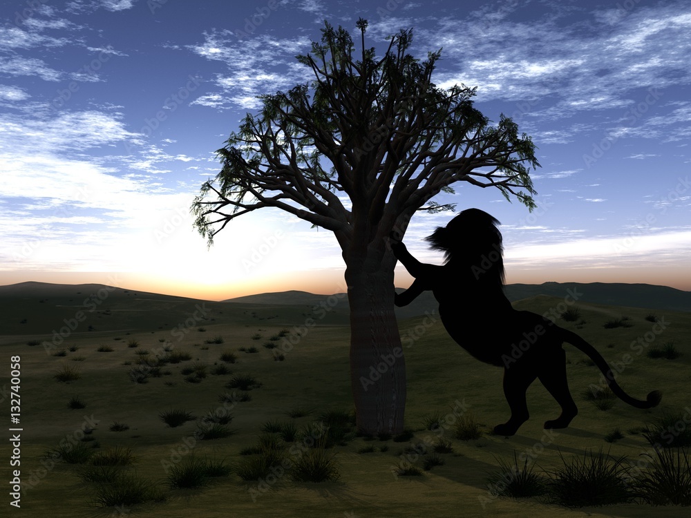 Lion at sunset in the savannah. Stock Illustration | Adobe Stock