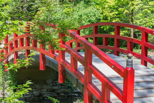 Obraz na płótnie Red bridge over water in a Japanese garden. w salonie
