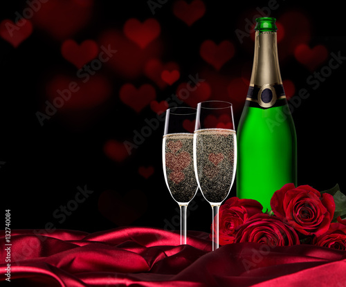 Valentines day background with champagne and roses