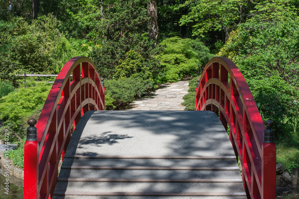 Arched red bridge within a Japanese garden in North Carolina. Sarah P. Duke.