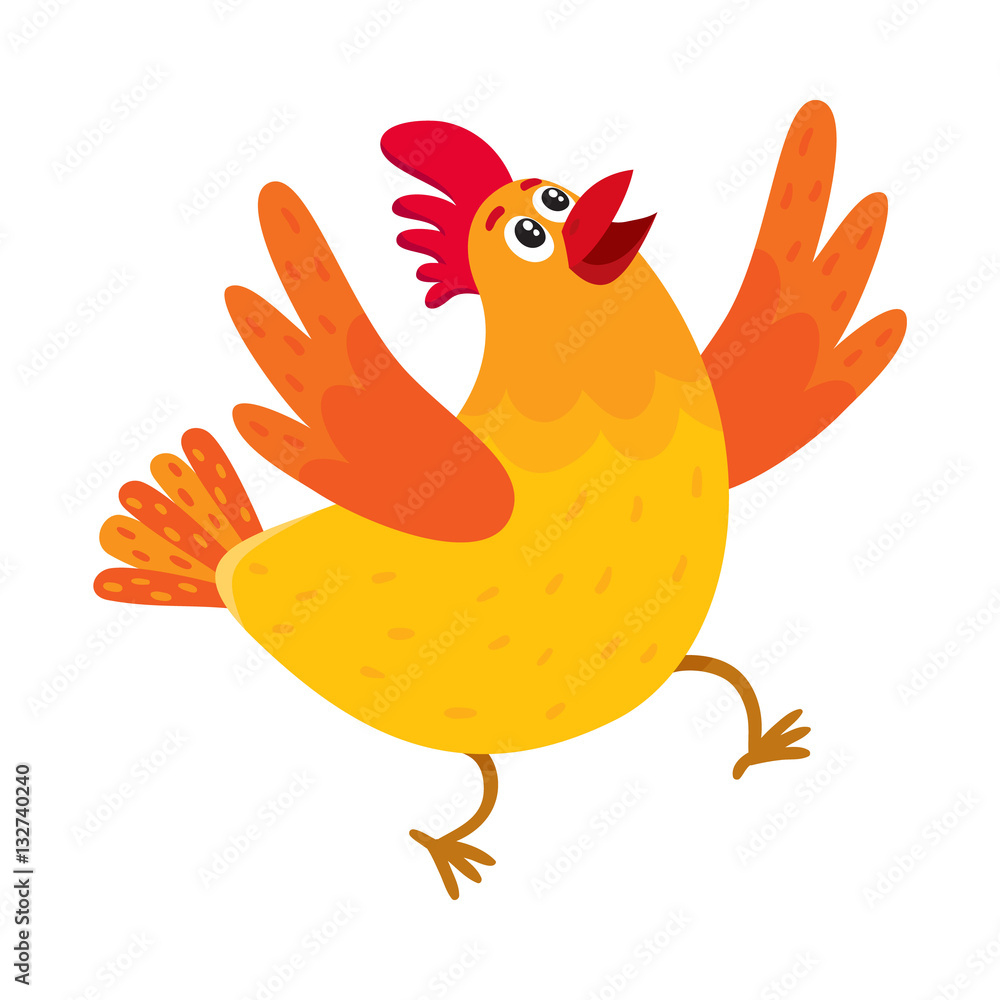 Funny cartoon red and orange chicken, hen surprised or jumping from