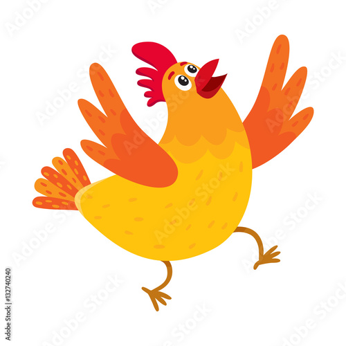 Funny cartoon red and orange chicken, hen surprised or jumping from happiness, cartoon vector illustration isolated on white background. Cute and funny colorful chicken looking up and raising wings