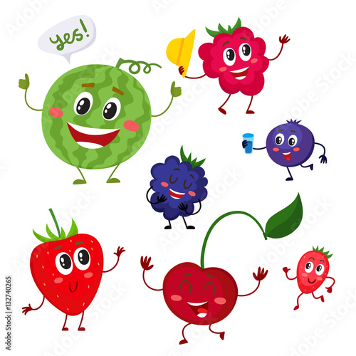 Set of cute and funny berry characters - watermelon, blackberry, strawberry, raspberry, blueberry, cherry, cartoon vector illustration isolated on white background. Comic style berry characters