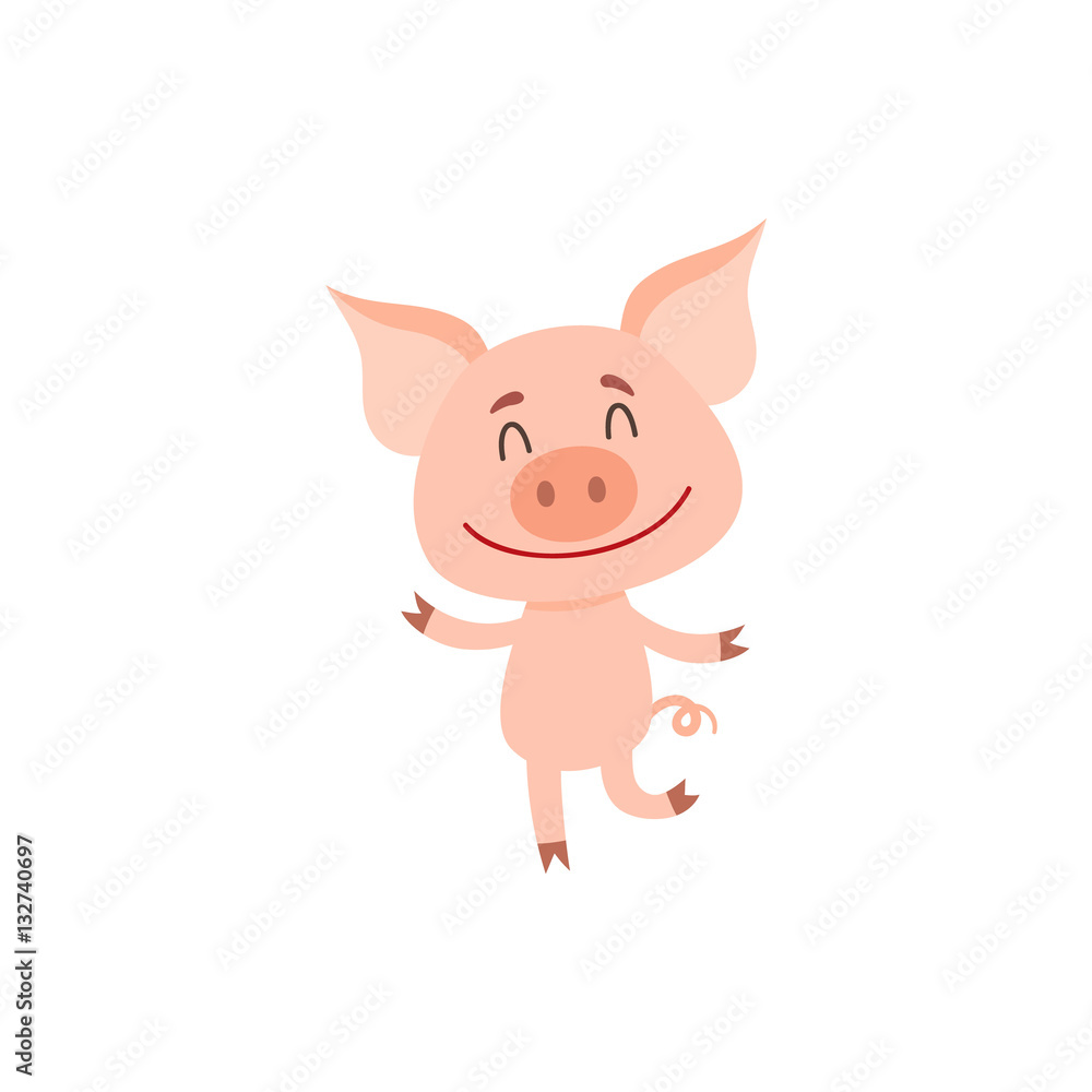 Funny little pig dancing on two rear legs with eyes closed, cartoon vector illustration isolated on white background. Cute little pig dancing and smiling happily, decoration element