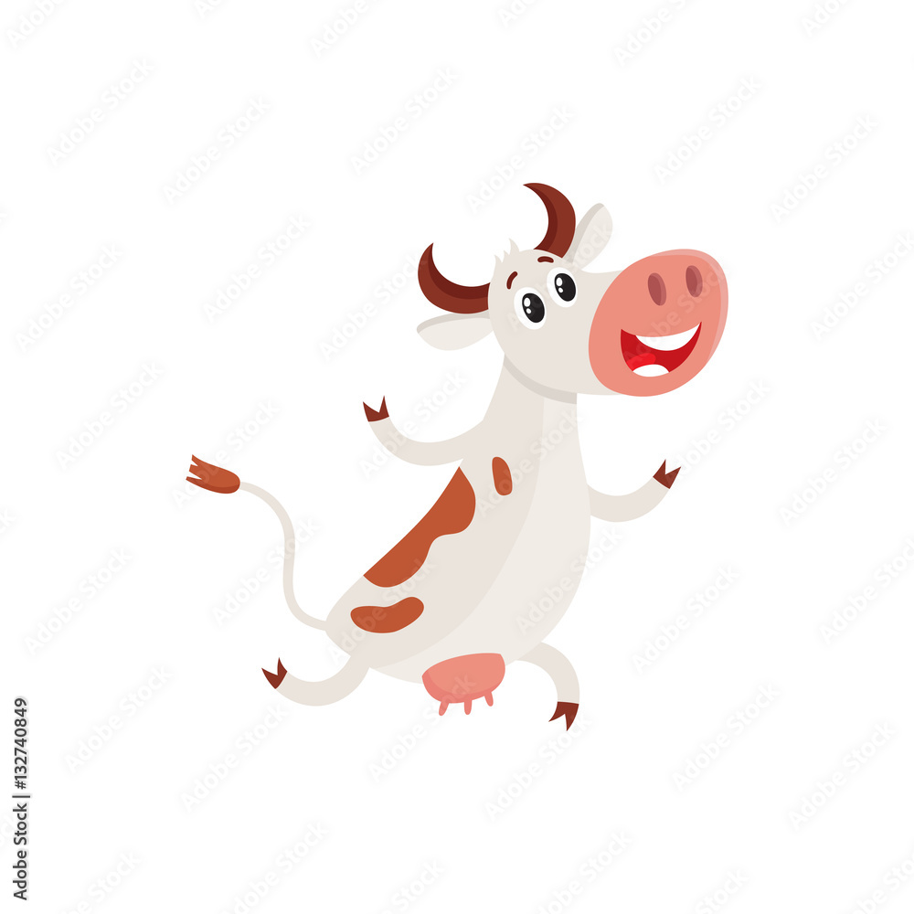 Funny brown and white spotted cow running on hind legs with fore ones up, cartoon vector illustration isolated on white background. Funny cow running, hurrying somewhere, dairy farm concept Funny brown and white spotted cow running on hind legs with fore ones up, cartoon vector illustration isolated on white background. Funny cow running, hurrying somewhere, dairy farm concept