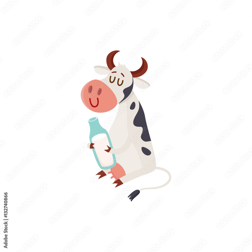 Funny glad black and white spotted cow sitting and holding a glass milk bottle, cartoon vector illustration isolated on white background. Funny cow with bottle of milk, dairy farm concept