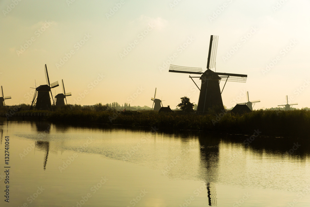 Traditional dutch windmills in countryside at Kinderdijk, Rotter