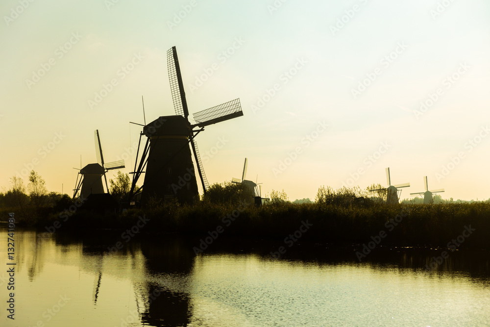 Naklejka premium Traditional dutch windmills in countryside at Kinderdijk, Rotter