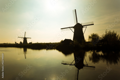 Traditional dutch windmills in countryside at Kinderdijk, Rotter
