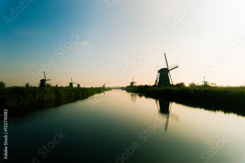 Photo Traditional dutch windmills in countryside at Kinderdijk, Rotter