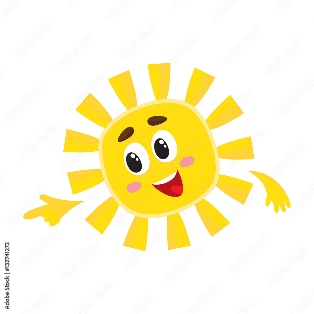 Smiling sun pointing to something with its finger, cartoon vector illustration isolated on white background. Cheerful sun character, symbol of summer season, hot weather and vacation at the sea