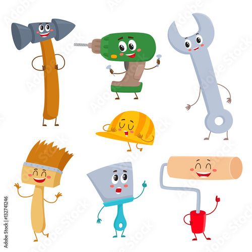 Set of funny building tool characters - hammer, drill, wrench, helmet, paint brush, roller and trowel, cartoon vector illustration isolated on white background. Comic style building tool characters
