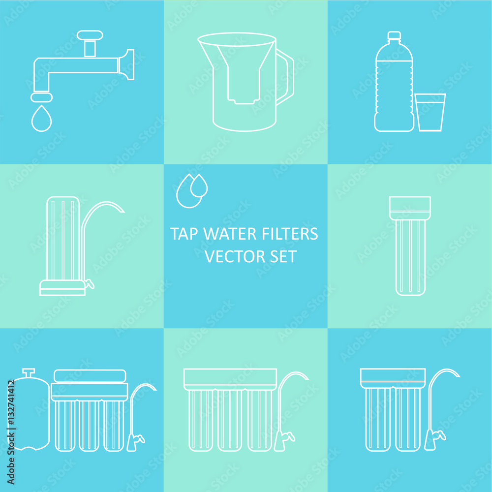 Outline tap water filter icon set. Drink and home water purification ...