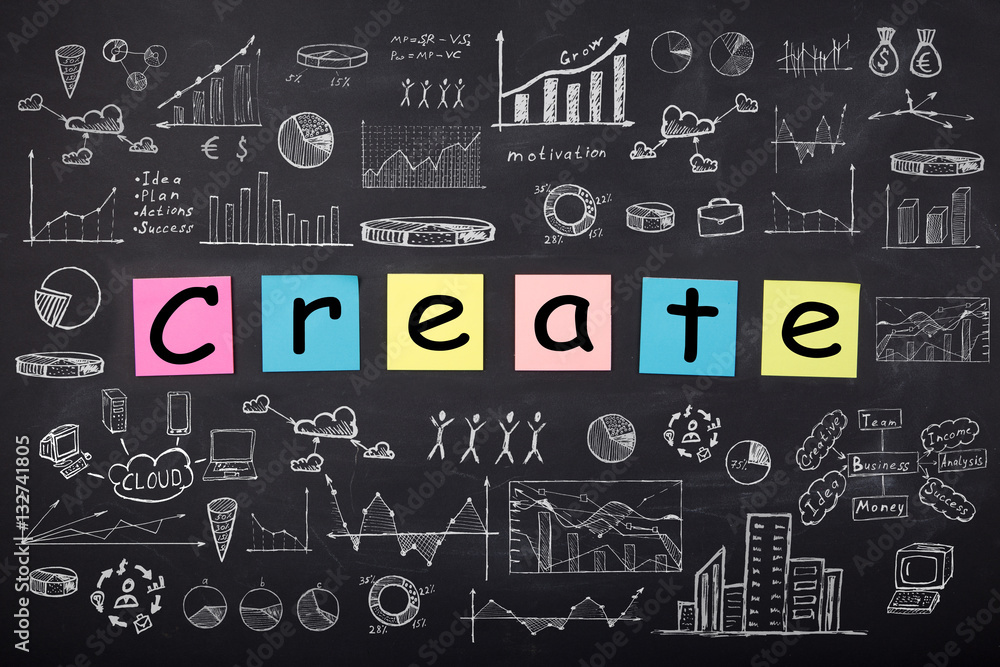 Business concept - sketch with schemes and graphs on chalkboard Business concept - sketch with schemes and graphs on chalkboard