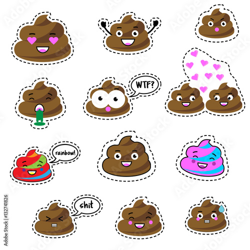 Pins, patches, labels, stickers isolated on white. Funny turd, poop character emoji