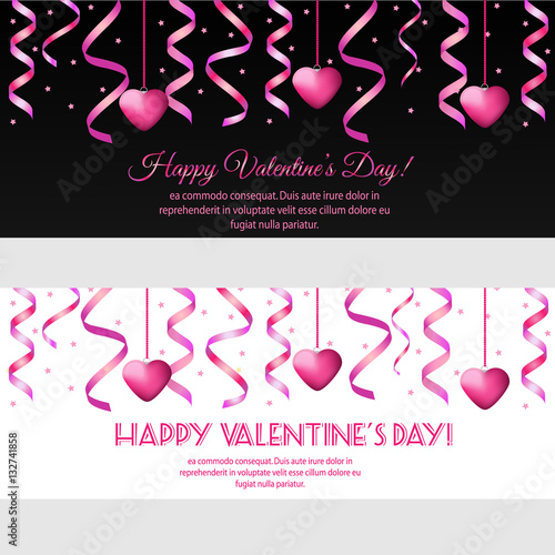 St Valentines day horizontal banners with pink streamers and hearts