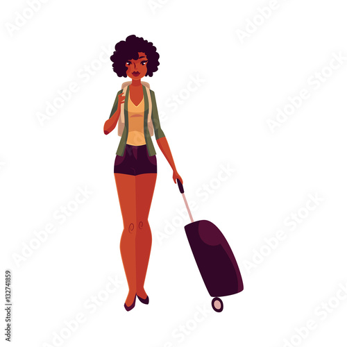 Pretty African American girl, woman traveler with backpack and suitcase, cartoon illustration isolated on white background. Full length portrait of beautiful black, African girl, woman with luggage