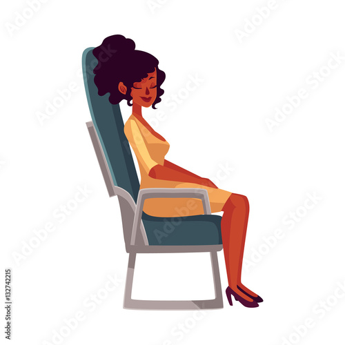 Young beautiful black, African woman seating in airplane, economy class, cartoon vector illustration on white background. Woman seating, sleeping in economy class, airplane passenger, side view