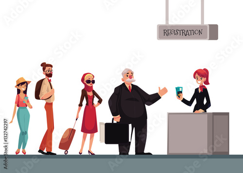 Line to airport check-in, passenger and baggage registration desk, cartoon vector illustration isolated on white background. People waiting for check in, luggage drop, baggage registration in airport