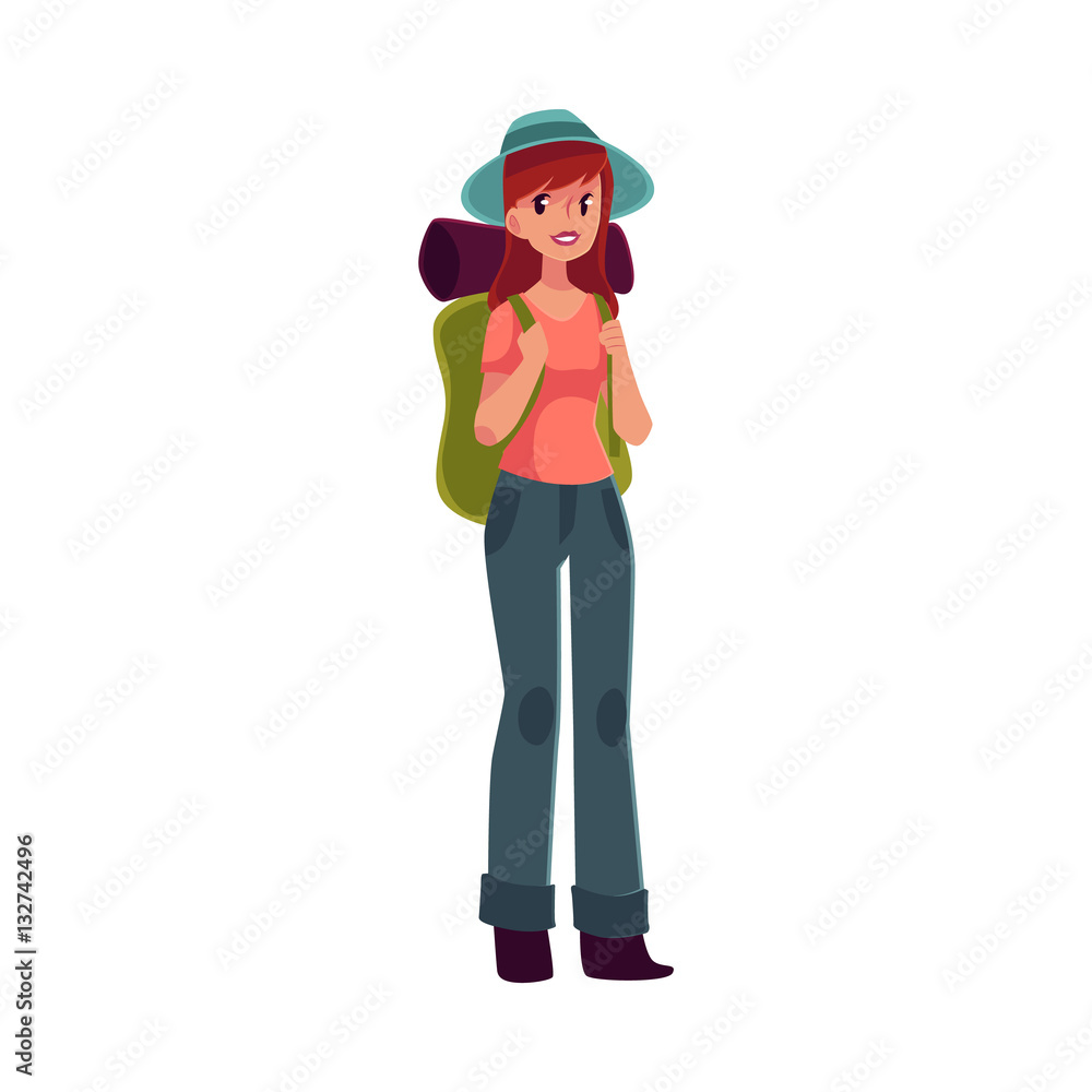 Young pretty girl travelling, hitch hiking with backpack, cartoon illustration isolated on white background. Woman, girl, backpacker, hitchhiker with a backpack and sleeping bag, arriving or departing