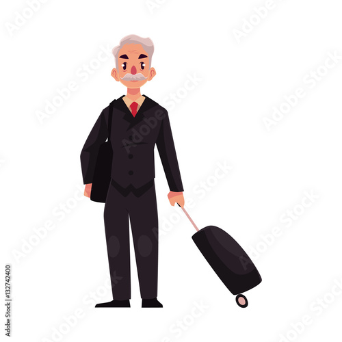 Old, senior, elder man in black suit with suitcase in airport, cartoon illustration isolated on white background. Full length portrait of old, senior man business traveler with luggage, suitcase