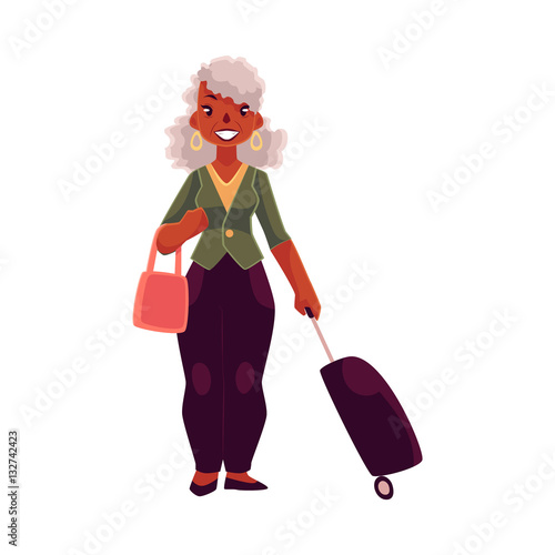 Old, senior African American woman with suitcase and handbag, cartoon illustration isolated on white background. Full length portrait of beautiful old black lady with luggage, suitcase in airport