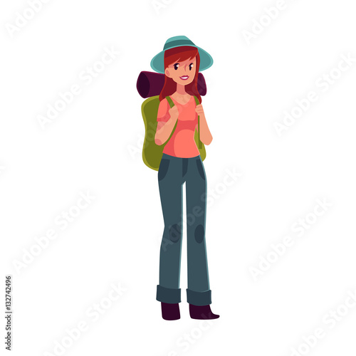 Young pretty girl travelling, hitch hiking with backpack, cartoon illustration isolated on white background. Woman, girl, backpacker, hitchhiker with a backpack and sleeping bag, arriving or departing