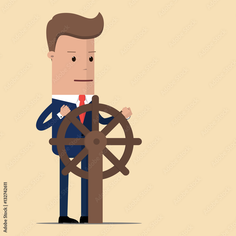 Businessman rudder helm tiller vector illustration. Businessman with