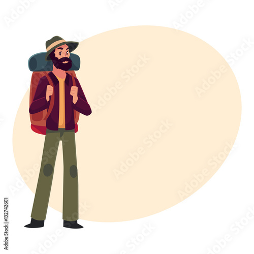 Traveler, backpacker, hitchhiker, geologist or archeologist with backpack, cartoon illustration on background with place for text. Young man with backpack going to travel, hiking, expedition