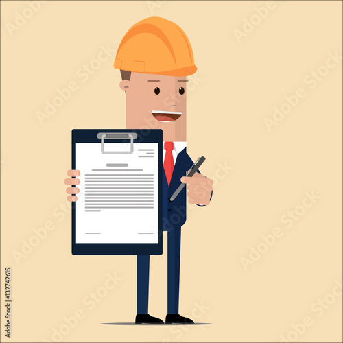 Businessman in a helmet holding a contract and handing over a pen for signature. businessman contract illustration design