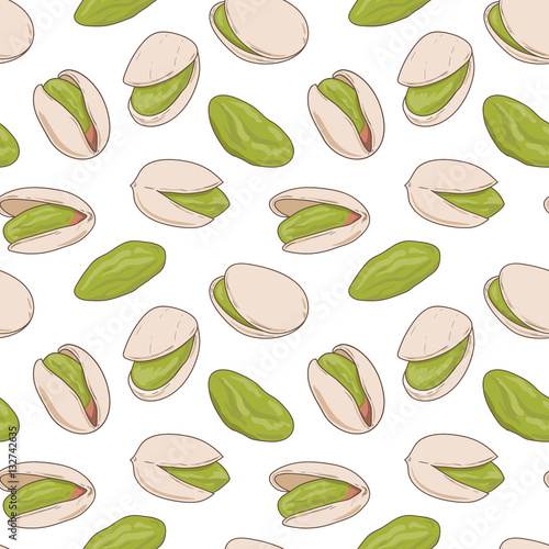 Seamless pattern with shelled and whole pistachio nuts on white background. Hand drawn vector seamless pattern, eps10. For backgrounds, packaging, ads, interiors, labels and other designs.