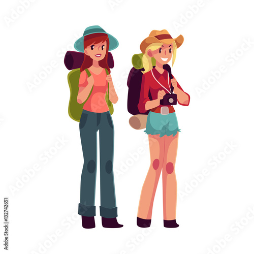 Two pretty girls travelling, hitchhiking with backpacks and camera, cartoon illustration isolated on white background. Female backpackers, hitchhikers, friends travelling with backpacks and camera