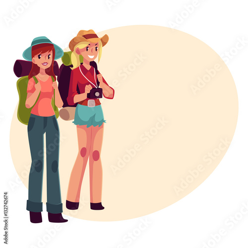Two pretty girls travelling, hitchhiking with backpacks and camera, cartoon illustration on background with place for text. Female backpackers, hitchhikers, friends travelling with backpacks